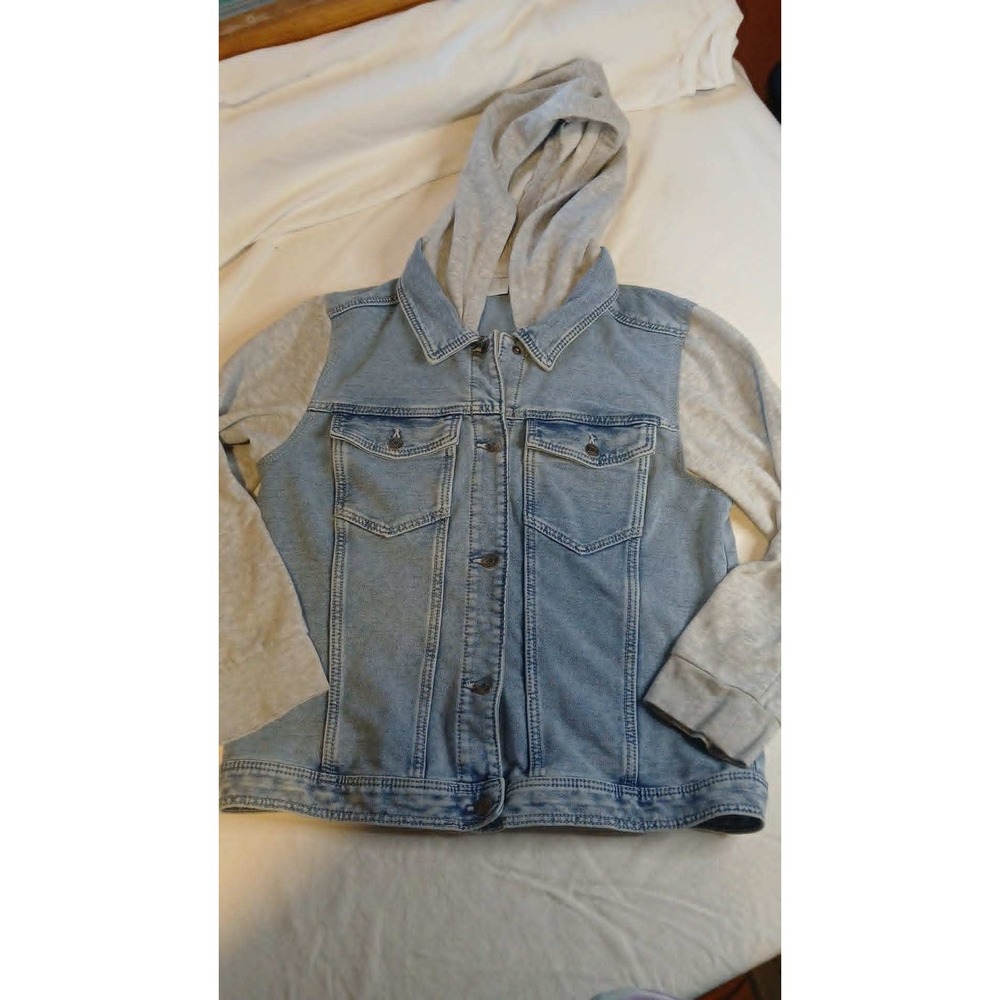 Falls Creek Girls Denim Jean Jacket Grey Jersey Hooded Light Wash XL 14/16